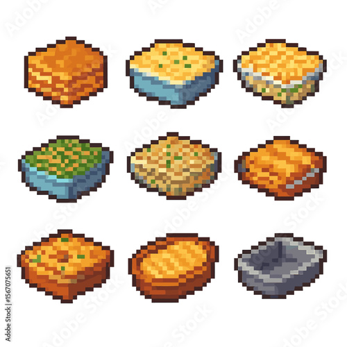 Casserole Icon Set. Pixel art icon set of comforting casseroles: lasagna slice, shepherd’s pie, mac and cheese, green bean bake,