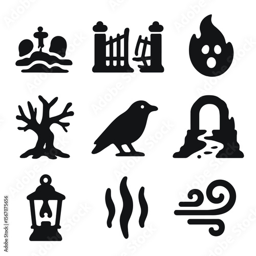 Mystical Terrain Icons. Solid, filled icons set of haunted mystical terrain: foggy graveyard, broken gate,