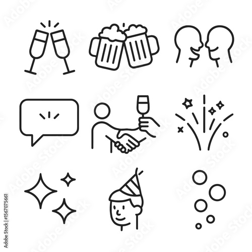 Toasting Icons Collection. Outline icon set of toasting gestures: clinking champagne flutes, raised beer mugs, smiling faces