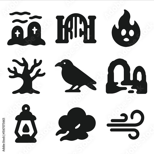 Mystical Terrain Icons. Solid, filled icons set of haunted mystical terrain: foggy graveyard, broken gate,