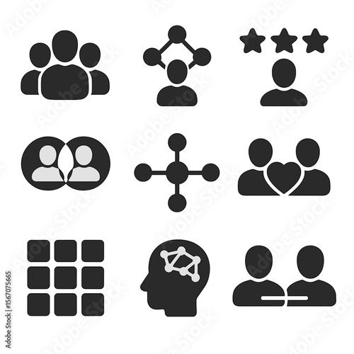 Collaborative Systems Icons. Solid, filled icons set of collaborative filtering systems: user cluster, network