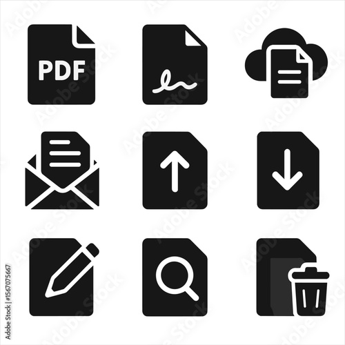 Electronic Document Icons. Solid, filled icon set of electronic document handling: PDF file, digital signature, cloud document,