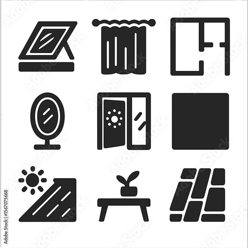 Natural Light Design Icons. Solid, filled icons set of maximizing natural light in interior design: skylight