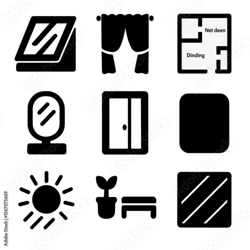 Natural Light Design Icons. Solid, filled icons set of maximizing natural light in interior design: skylight