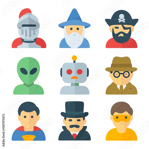 Character Archetype Icons. Flat icon set of character archetypes: knight, wizard, pirate, alien, robot, detective, superhero,