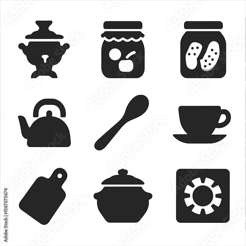 Dacha Kitchen Icons. Solid, filled icon set of dacha kitchen items: samovar, jar of jam, pickled vegetables, kettle, wooden spoon,