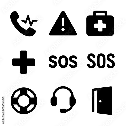 Crisis Support Icons. Solid, filled icon set of crisis intervention and help: phone with lifeline, alert triangle, emergency kit,