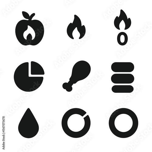 Calorie Tracking Icons. Solid, Filled icon set of calorie and nutrition stats: calories consumed, calories burned, net calories,