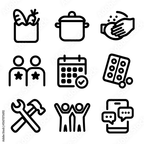 Daily Life Icons. Solid, filled icon set of daily life support: grocery bag, cooking pot, shared chores, calendar planning,