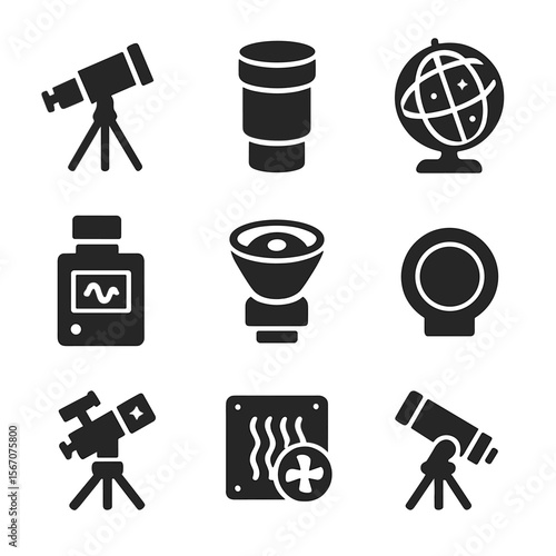 Observatory Instruments Icons. Solid, filled icons set of observatory instruments and tools: reflecting