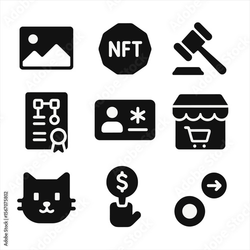 NFT Asset Icons. Solid, filled icons set of NFT and digital assets: digital art, NFT token, auction hammer,