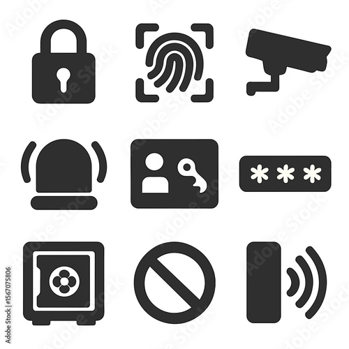 Security Icons Grid. Solid, filled icon set of security and access: padlock, fingerprint scanner, security camera, alarm bell,