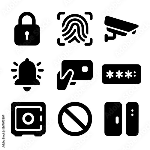 Security Icons Grid. Solid, filled icon set of security and access: padlock, fingerprint scanner, security camera, alarm bell,