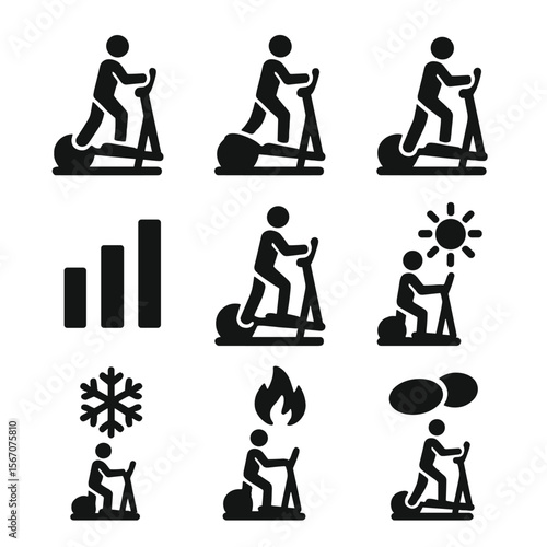 Elliptical Icon Set. Solid, filled icon set of elliptical machine exercises: forward stride, backward stride, interval training,