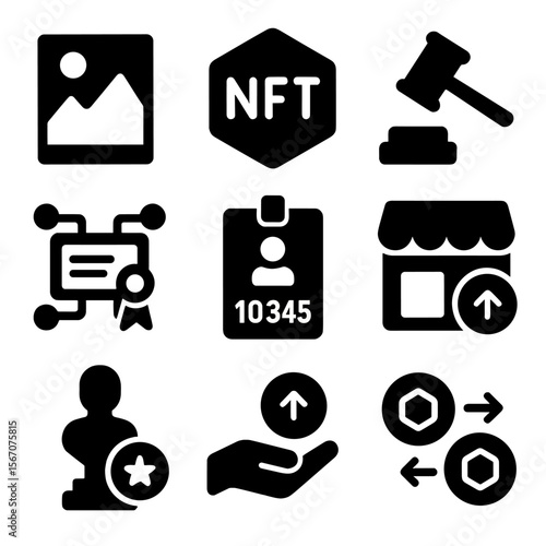 NFT Asset Icons. Solid, filled icons set of NFT and digital assets: digital art, NFT token, auction hammer,