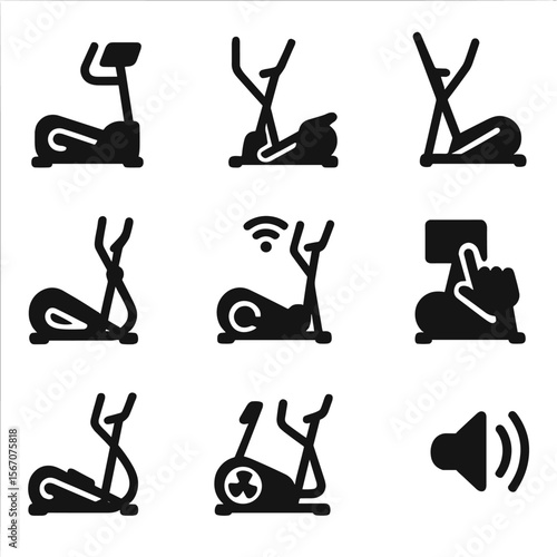 Elliptical Machine Icons. Solid, filled icon set of elliptical machine brands and models: digital display, compact design,