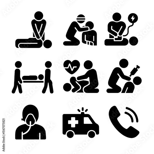Emergency Actions Icon Set. Solid, filled icon set of medical emergency actions: CPR, bandaging, defibrillation, patient transport