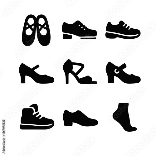 Dance Shoe Icons. Solid, filled icon set of dance shoe types: ballet slippers, tap shoes, jazz sneakers, salsa heels, flamenco