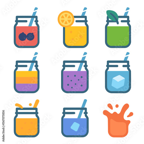 Colorful Smoothie Icons. Solid, filled icons set of colorful smoothies in mason jars: fruit jar, striped straw