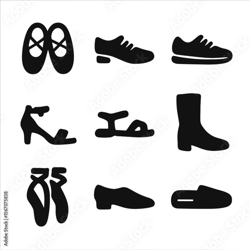 Dance Shoe Icons. Solid, filled icon set of dance shoes: ballet slippers, tap shoes, sneakers, heels, sandals, boots, pointe shoes