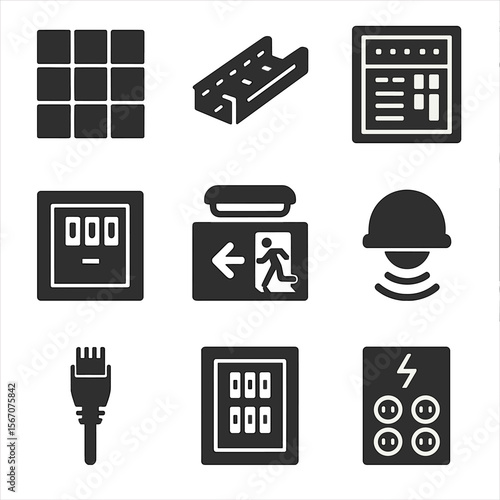 Commercial Electrical Icons. Solid, filled icons set of commercial electrical layout: ceiling grid, cable tray