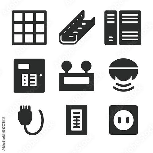 Commercial Electrical Icons. Solid, filled icons set of commercial electrical layout: ceiling grid, cable tray