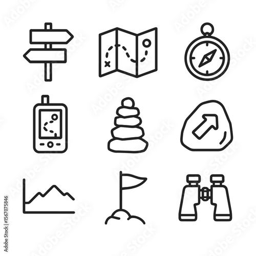 Trail Navigation Icons. Outline icon set of trail navigation and wayfinding: trailhead signpost, map with route line, compass with
