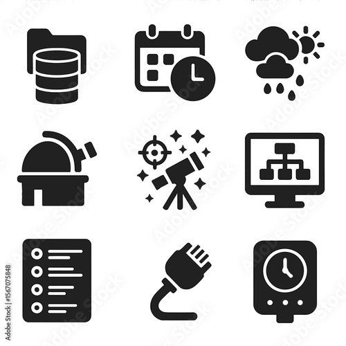 Observatory Operations Icons. Solid, filled icons set of observatory operations: data archive, observation
