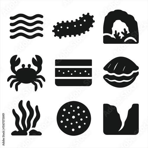 Ocean Ecosystem Icons. Solid, filled icons set of ocean floor ecosystems: sand ripple, sea cucumber, reef cave