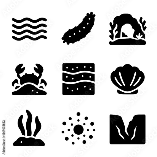 Ocean Ecosystem Icons. Solid, filled icons set of ocean floor ecosystems: sand ripple, sea cucumber, reef cave