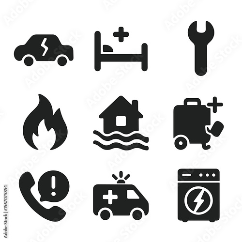 Emergency Expense Icons. Solid, filled icon set of emergency and unexpected expenses: broken car, hospital bed, repair wrench,