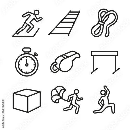 Training Drill Icons. Outline icon set of training drills and workouts: sprint lane silhouette, agility ladder, resistance band,