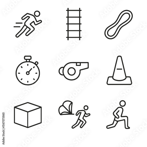 Training Drill Icons. Outline icon set of training drills and workouts: sprint lane silhouette, agility ladder, resistance band,