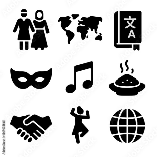 Cultural Exchange Icons. Solid, filled icon set of cultural exchange elements: traditional dress, map, language book, festival