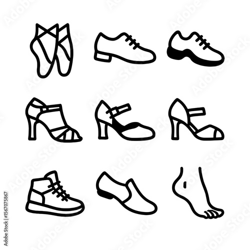Dance Shoe Icons. Solid, filled icon set of dance shoe types: ballet slippers, tap shoes, jazz sneakers, salsa heels, flamenco