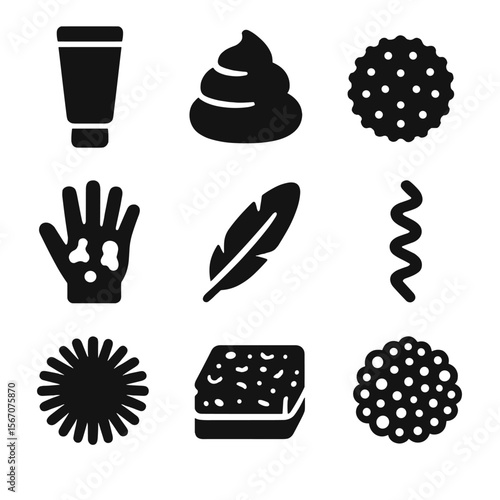 Sensory Craft Icons. Solid, filled icon set of sensory craft supplies: puffy tube, shaving cream, tactile ball, paint-covered