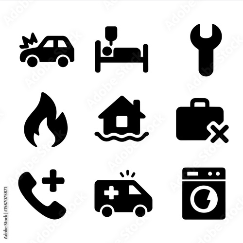 Emergency Expense Icons. Solid, filled icon set of emergency and unexpected expenses: broken car, hospital bed, repair wrench,