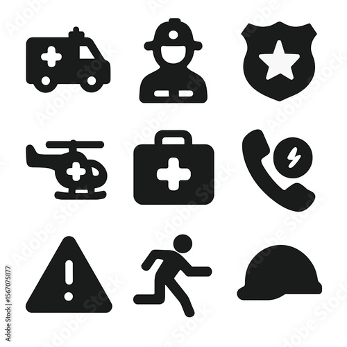 Emergency Icons Grid. Solid, filled icon set of emergency response: ambulance, firefighter, police badge, rescue helicopter, first
