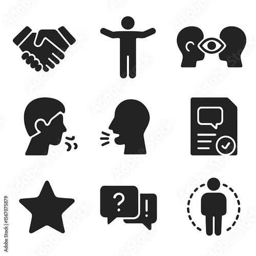 Communication Confidence Icons. Solid, filled icons set of communication confidence building: handshake, open