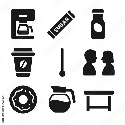 Office Coffee Icons. Solid, filled icons set of office coffee station moments: drip machine, sugar packet,