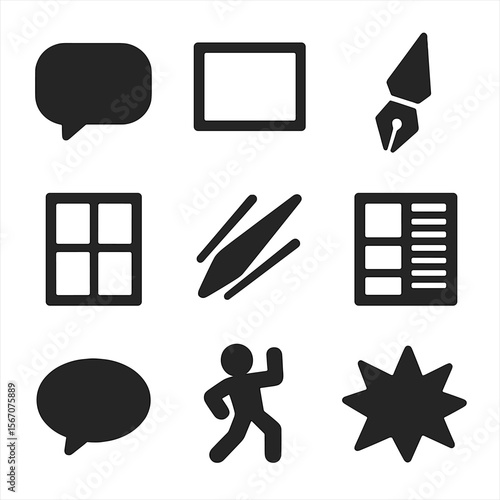 Comic Art Icons. Solid, filled icons set of comic and storyboard art: speech bubble, panel frame, inking pen,