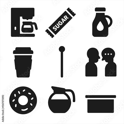 Office Coffee Icons. Solid, filled icons set of office coffee station moments: drip machine, sugar packet,