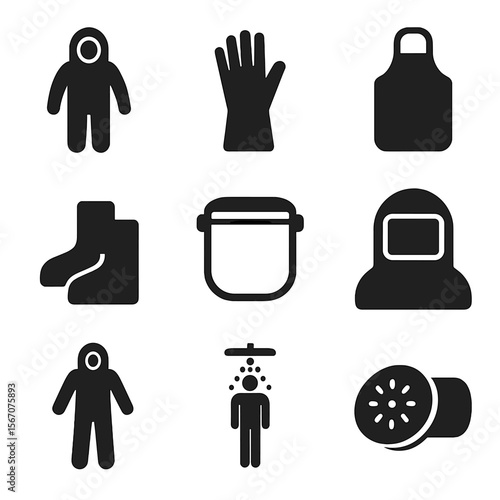 Chemical Protection Icons. Solid, Filled icon set of chemical protection: chemical suit, PVC glove, apron, boot covers, face