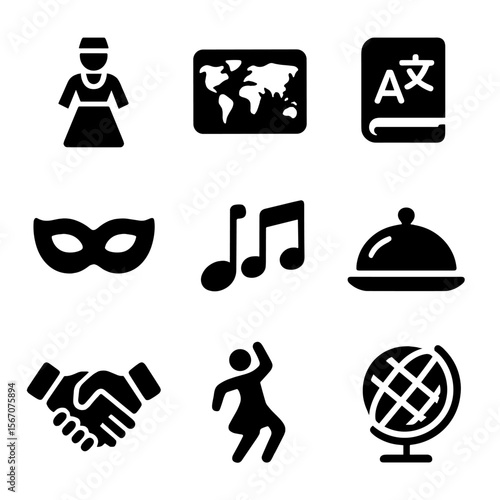 Cultural Exchange Icons. Solid, filled icon set of cultural exchange elements: traditional dress, map, language book, festival