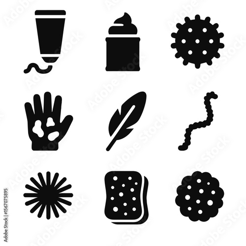 Sensory Craft Icons. Solid, filled icon set of sensory craft supplies: puffy tube, shaving cream, tactile ball, paint-covered