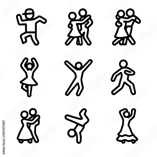 Dance Styles Icons. Solid, filled icon set of dance styles: hip hop, salsa, tango, ballet, jazz, contemporary, waltz, breakdance,