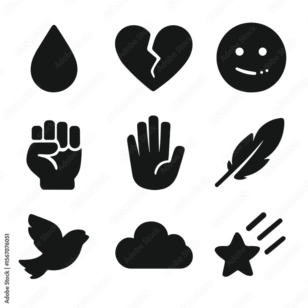 Fototapeta premium Emotional Icon Set. Solid, filled icon set of fleeting emotions: tear drop, broken heart, fading smile, clenched fist, open hand,