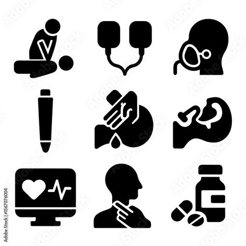 Emergency Procedures Icons. Solid, filled icon set of lifesaving emergency procedures: CPR chest compression, defibrillator pads,