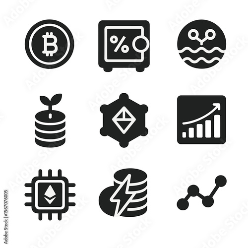 Decentralized Finance Icons. Solid, filled icon set of decentralized finance: crypto coin, yield vault, liquidity pool, staking