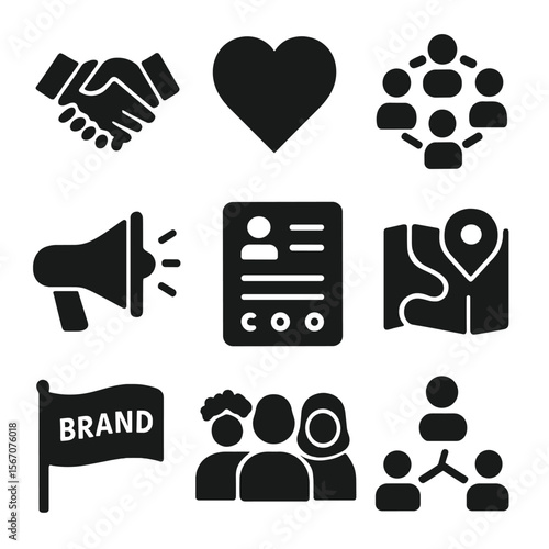 Community Branding Icons. Solid, filled icons set of community-first branding: handshake, heart icon, group